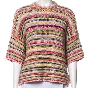 Ganni Multicolor Striped Three Quarter Sleeve Crew Neck Sweater